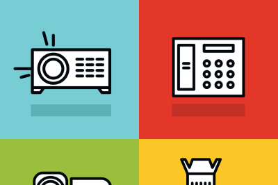 Household appliances icons with black stroke on color background