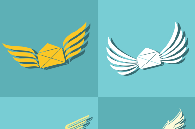 Mail with wings icons on blue background