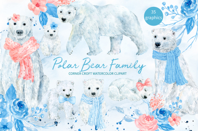 Watercolor Polar Bear Family Clipart