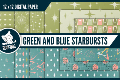 Green and blue atomic starburst digital paper