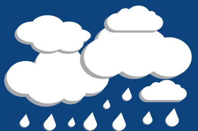 White vector clouds with falling rain over blue background