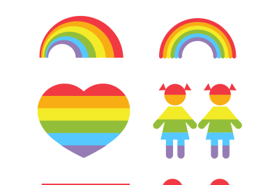 Gay pride rainbow heart and colors shapes vector set