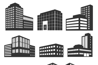 Modern business buildings black vector icons isolated on white