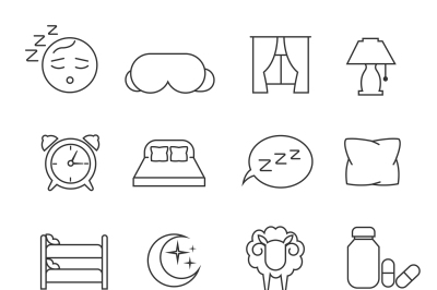 Sleeping bed time rest thin line outline vector icons