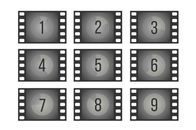 Old cinema film countdown movie frames with numbers vector set