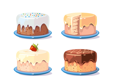 Cream cake tasty cakes vector set in cartoon style