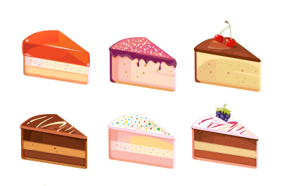 Sweet delicious cake slices pieces vector icons