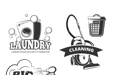 Retro cleaning and laundry services vector labels, emblems, logos, bad