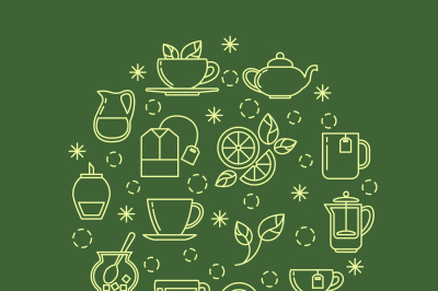 Green tea outline icons in circle design. Trendy thin line logo for sh