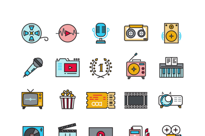 Multimedia sound audio music radio video thin line vector icons with f