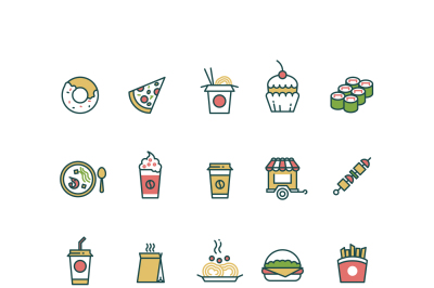 Outline fast food vector icons with flat color elements