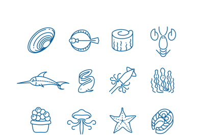 Seafood, fish thin line vector icons