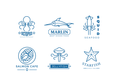 Seafood labels thin line vector logos, emblems