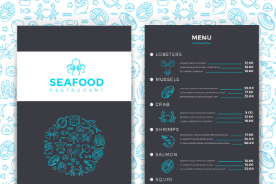 Modern seafood restaurant, cafe brochure menu vector template with lin