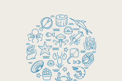 Marine animals&2C; seafood thin line icons in circle design. Restaurant m