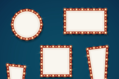 Retro road light empty signs banners with bulbs vector set