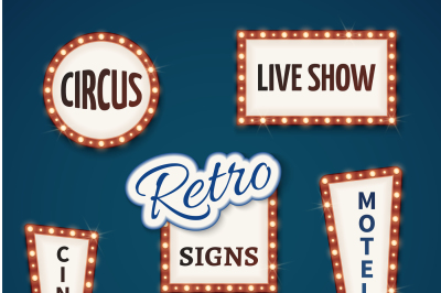 Retro neon bulb vector signs set. Cinema, live show, open, circus, now
