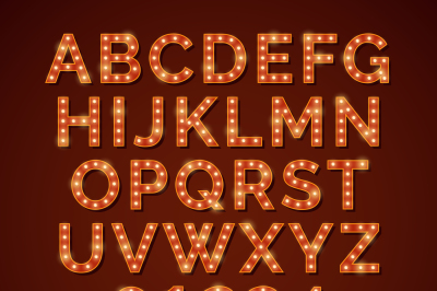 Retro light bulb bright alphabet, vector font