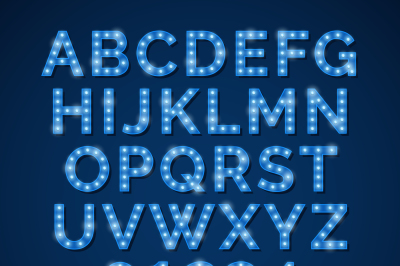 Vector blue neon lamp alphabet, font for movie, cinema and circus sign