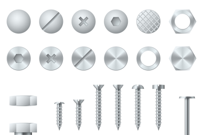 Screws, bolts, nuts, nails and rivets realistic vector design elements
