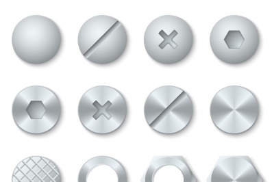 Steel screws, nuts, bolts, rivets heads vector set
