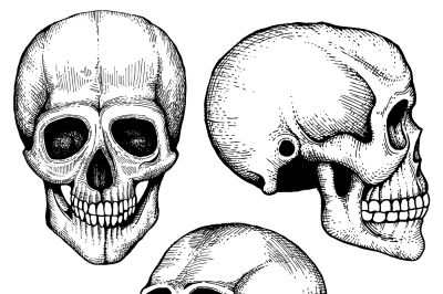 Hand drawn vector death scary human skulls collection