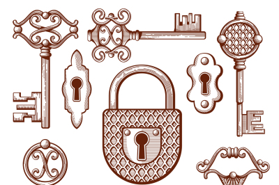 Vintage keys, locks and padlocks hand drawn vector illustration