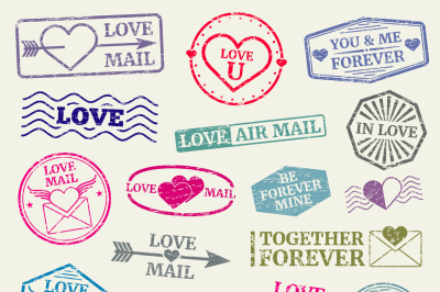 Romantic postage stamp vector set for valentines day card, love letter