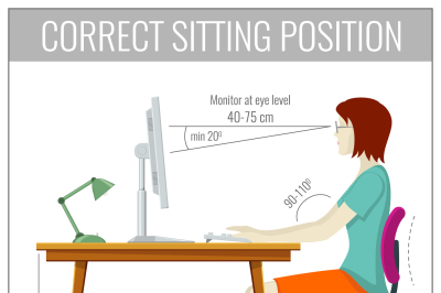 Correct spine sitting posture at computer health prevention vector con