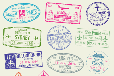 International travel visa passport stamps vector set