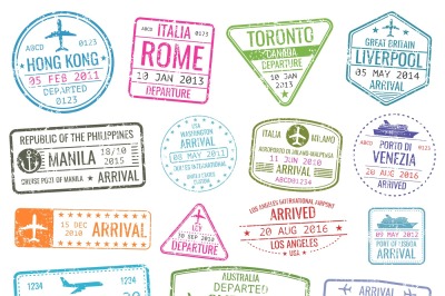 International business travel visa stamps vector arrivals sign set