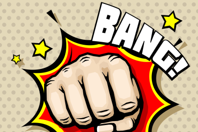 Hitting fist, bang in pop art style vector illustration. struggle conc