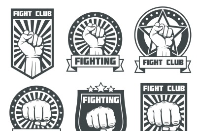 Fight club with fist vintage labels, logos, emblems vector set