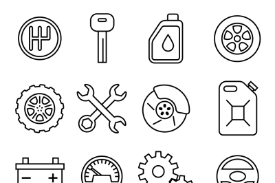 Car parts, services, auto repair thin line vector icons set