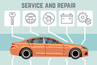 Car parts, service and repair line icons vector infographic template