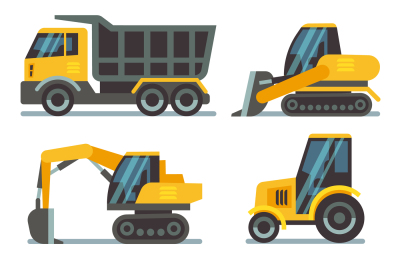 Construction machines, heavy equipment, vehicles flat vector icons