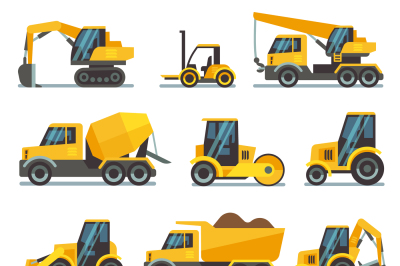 Industrial construction equipment and machinery flat vector icons