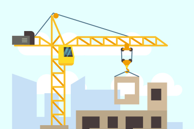 Building, house construction flat design concept with machines