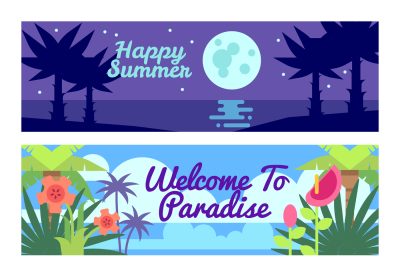 Happy summer travel time hawaii vector advertising banners set with tr