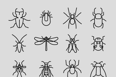 Insect vector thin line icons set