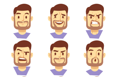 Bearded hipster man character emotions, male heads set