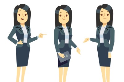 Funny businesswoman cartoon character in different poses for business 