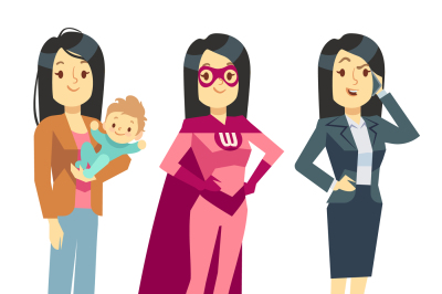 Super woman in superhero costume&2C; mom with baby&2C; businesswoman balanci