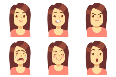 Woman, girl face emotions expression vector avatar icons