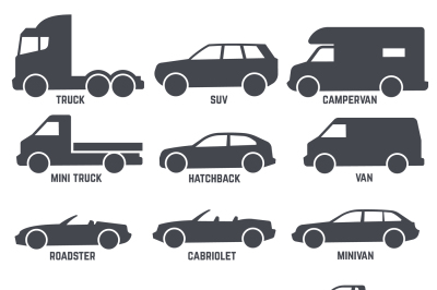 Car automobile types black vector icons isolated on white