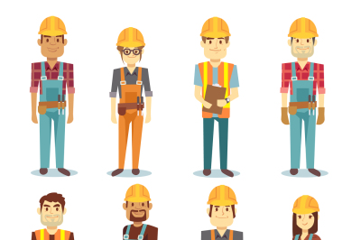Builder contractor man and female worker vector people character set