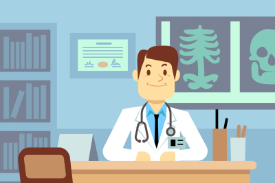 Doctor sitting at the table in medical vector healthcare concept