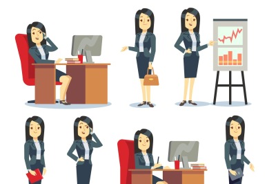 Office businesswoman in various situations vector characters cartoon f