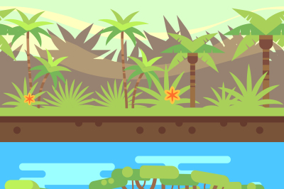 Horizontal seamless tropical forest jungle background in cartoon flat 