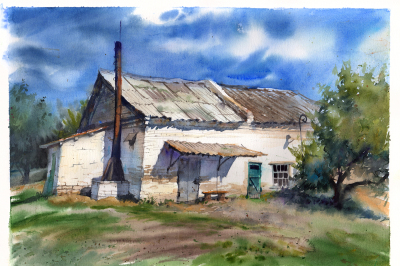 Watercolor painting artwork. Country house on the field